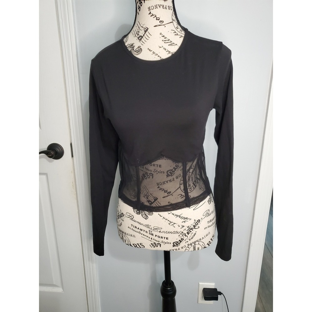 ASOS DESIGN Black Long Sleeve Corset Top Sheer Mesh Waist Panel Size US 6